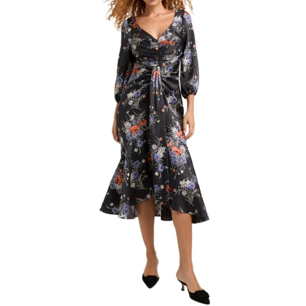 CINQ À SEPT 'Walker' Floral-Print 3/4-Sleeve Midi-Dress, Obsidian Multi
